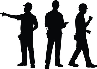 Construction worker silhouette set showing builders wearing hard hats, standing and walking poses with tools, industrial labor concept isolated on white background.