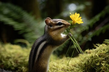 Curious chipmunk holding vibrant yellow flower in mossy forest