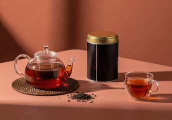 Tea set with teapot cup and canister on table with loose leaf tea