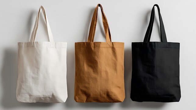 Three empty canvas shopping totes in cream, brown, and black, hanging against a white wall