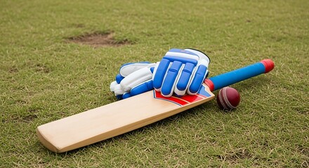 Cricket bat with gloves and ball on green grass field