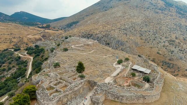 Mycenae, Greece. Excavation site: Greek settlement of the 12th century BC. e. with the ruins of the acropolis, palace and tombs. Drone footage, Point of interest, Point of interest
