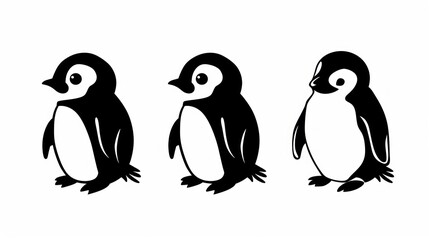 Obraz premium Three stylized penguins in black and white illustration on a clean white background