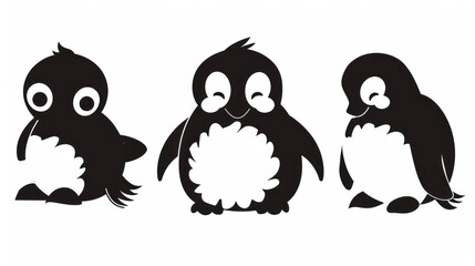 Obraz premium Three playful cartoon penguins in black and white against a clean background