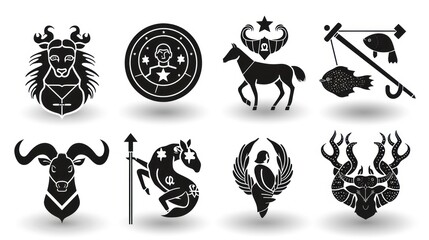 Obraz premium Zodiac signs silhouettes in black and white representing astrology and symbols