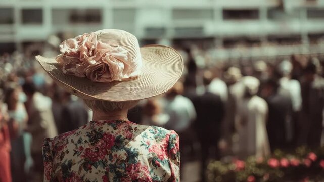 Elegant woman wearing a large hat attending a crowded event