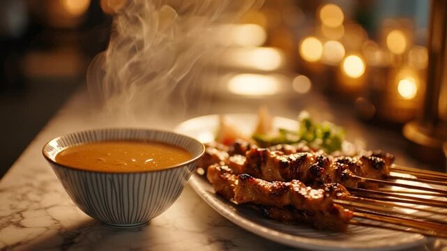Delicious satay with peanut sauce on a plate close up