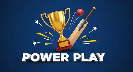 Cricket trophy celebration with bat and ball power play graphic design illustration