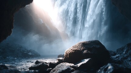 Misty waterfall cascading majestically through ancient rocky cavern entrance