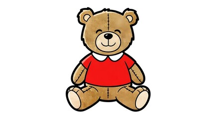 Cute cartoon teddy bear sitting with red shirt and white collar