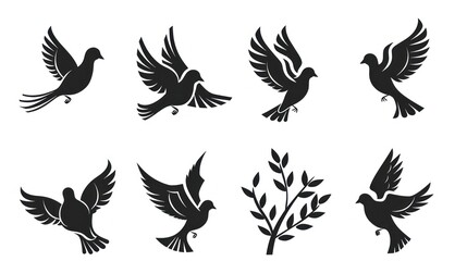 Obraz premium Flying dove silhouettes set against white background vector design elements
