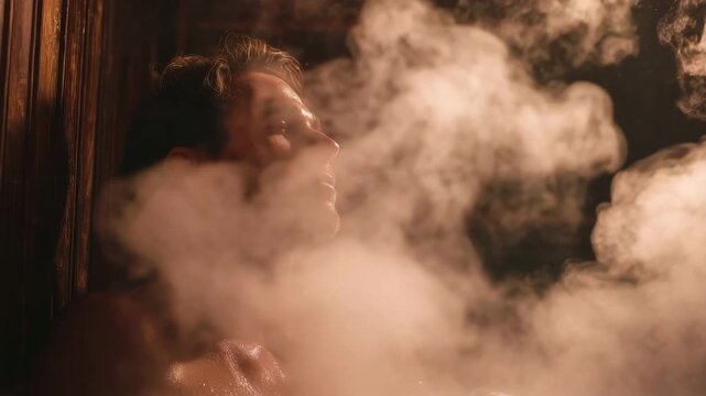 Man relaxing in sauna enjoying steam bath therapy