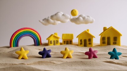 Colorful toy houses and stars under a floating rainbow and cloud scene