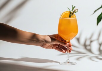 A hand holding a glass of orange cocktail with a slice of orange and a sprig of rosemary on a white table