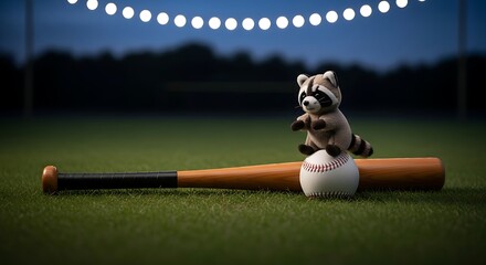 Cute toy raccoon holding baseball bat and ball on grass field