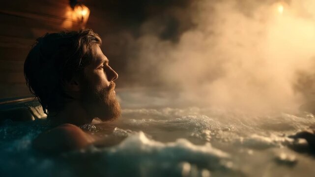 Man relaxing in hot tub enjoying steam and bubbles