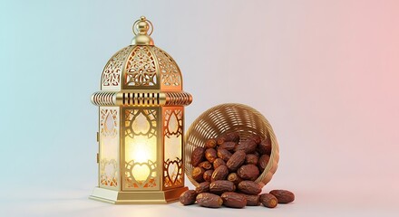 Decorative lantern with dates spilled from woven basket on gradient background