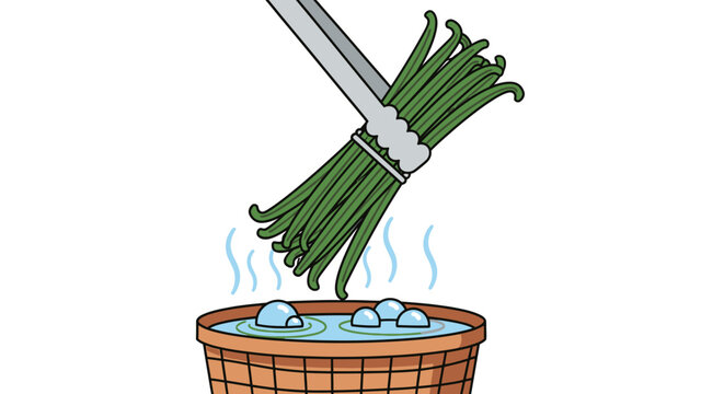 Cartoon Vector Illustration of Vanilla Pods or Green Beans Being Blanched in Hot Water Using Metal Tongs for Food Preparation