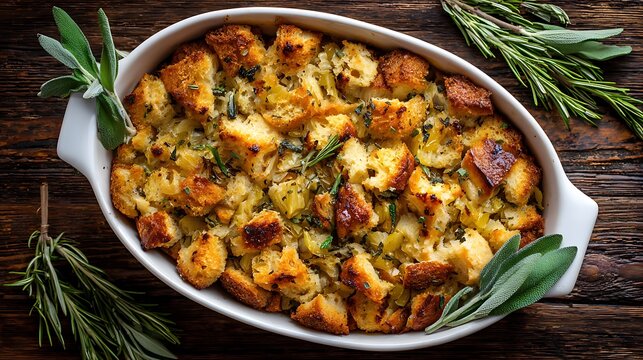 Overhead shot of freshly baked bread-based stuffing in an oval dish, with herbs on wood