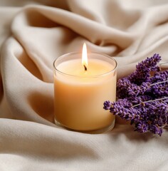 Glowing lavender-scented candle beside delicate purple flowers on soft fabric