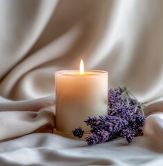 Glowing candle beside delicate lavender sprigs on soft fabric backdrop