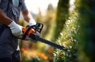 Person trimming dense green bushes with powerful chainsaw outdoors