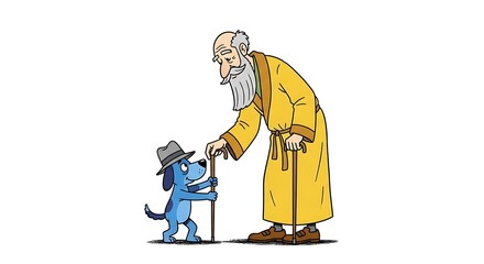 Elderly man helping small blue dog walk with cane support