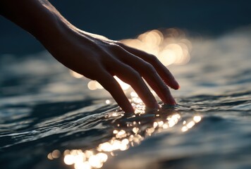 Graceful hand gently touching serene glowing ocean waters at dusk