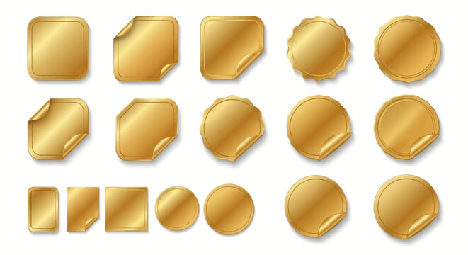 Collection of shiny golden blank stickers featuring various shapes like circles, squares, and rounded rectangles with peeling corner effects.