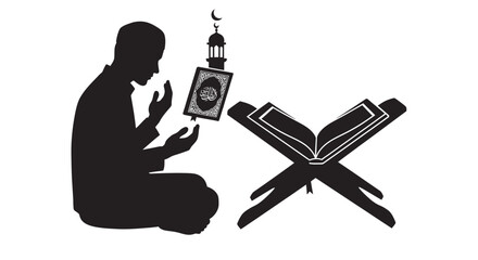 Man praying with Quran and mosque lantern silhouette on white background