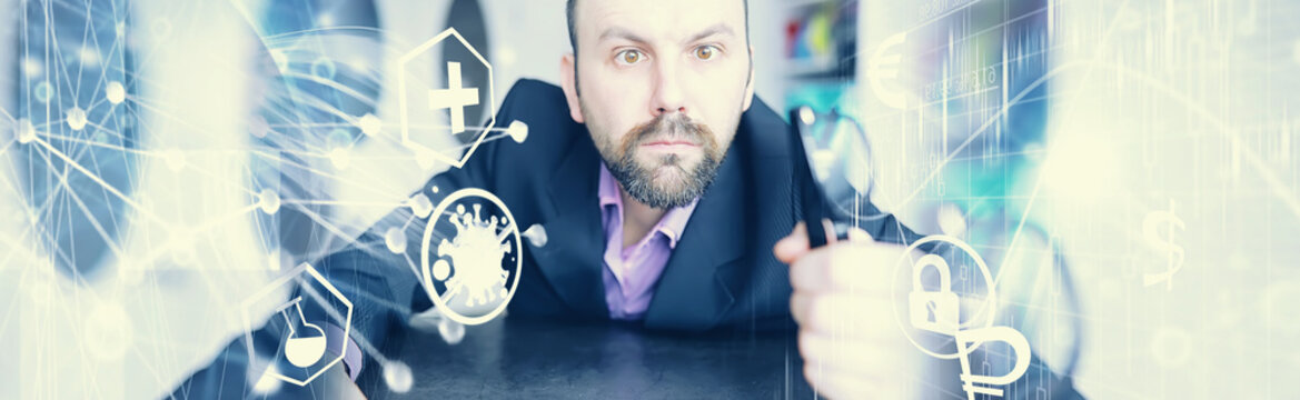 A cross-eyed bearded man is looking into the frame. Eye disease. The concept of an inexperienced specialist. Spy neighbor.