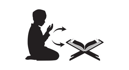 Young Muslim boy praying with Quran in a peaceful silhouette style