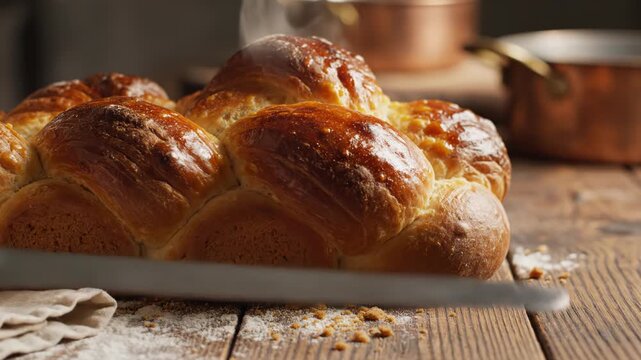 Close-up of a golden-brown baked bread loaf on a wooden surface, with steam rising