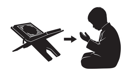 Man praying with Quran on a stand transitioning to prayer mode in minimalist style