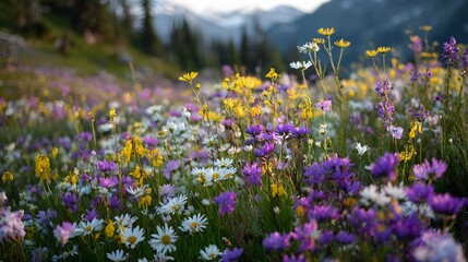 Obraz premium Vibrant Wildflower Meadow in Mountain Landscape with Colorful Blooms.