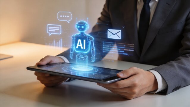 Artificial intelligence assistant hologram on tablet,smart digital communication,AI technology innovation,business automation concept,futuristic virtual robot interface