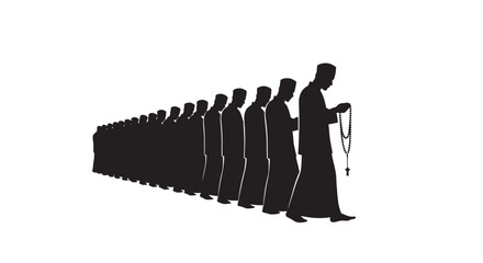 Procession of Monks Walking in Line with Censer, Spiritual Journey, Silhouette Style