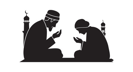 Muslim couple praying together in a serene mosque atmosphere with copy space