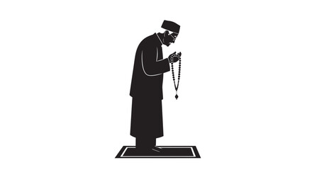 Muslim man praying with rosary beads in a serene silhouette