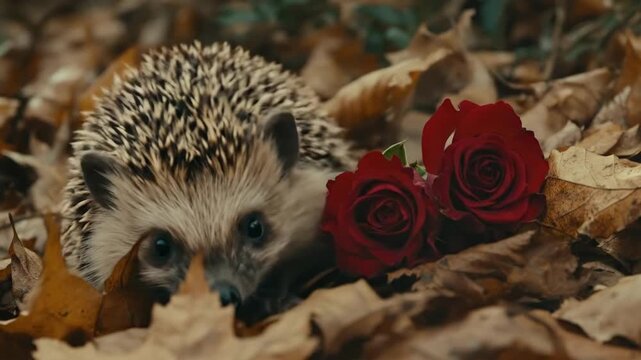 Curious hedgehog nestled among autumn leaves with red roses. The 14th of February. Happy Valentine's Day