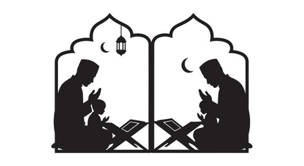 Muslim family praying together during Ramadan in a serene Islamic setting with copy space