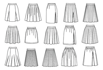 Hand drawn line art skirts set featuring various fashion designs and styles for apparel projects and fashion illustration