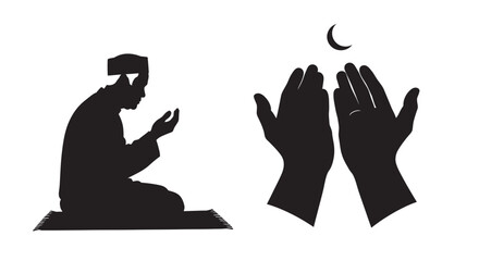 Muslim praying silhouette with hands raised to moon crescent