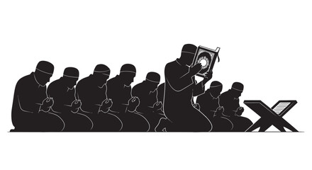 Muslim men praying in a row with an imam leading the prayer in a simple silhouette style