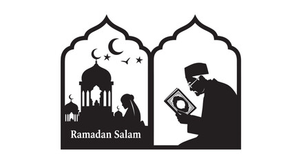 Ramadan Salam greeting with mosque and person reading Quran in arches