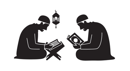 Muslim scholars reading Islamic books in contemplative mood with traditional lantern