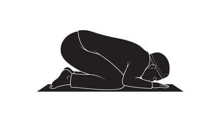 Muslim man praying in Sujud position on a prayer mat with copy space