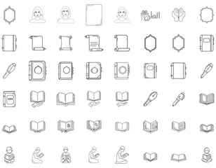 Collection of Islamic cultural icons including religious books, prayer, and writing tools