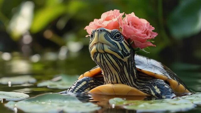 Cute turtle wearing pink flowers on head in water with green leaves. The 14th of February. Happy Valentine's Day