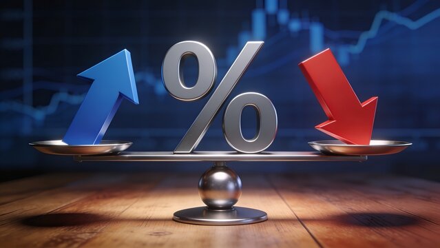 Finance volatility concept featuring balanced scale and percentage mark, contrasting growth and decline arrows on stock graph